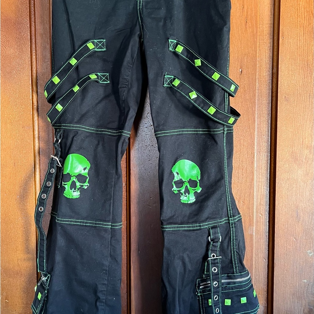 Hot Topic Black Flare Pants with Neon Green Skull Design